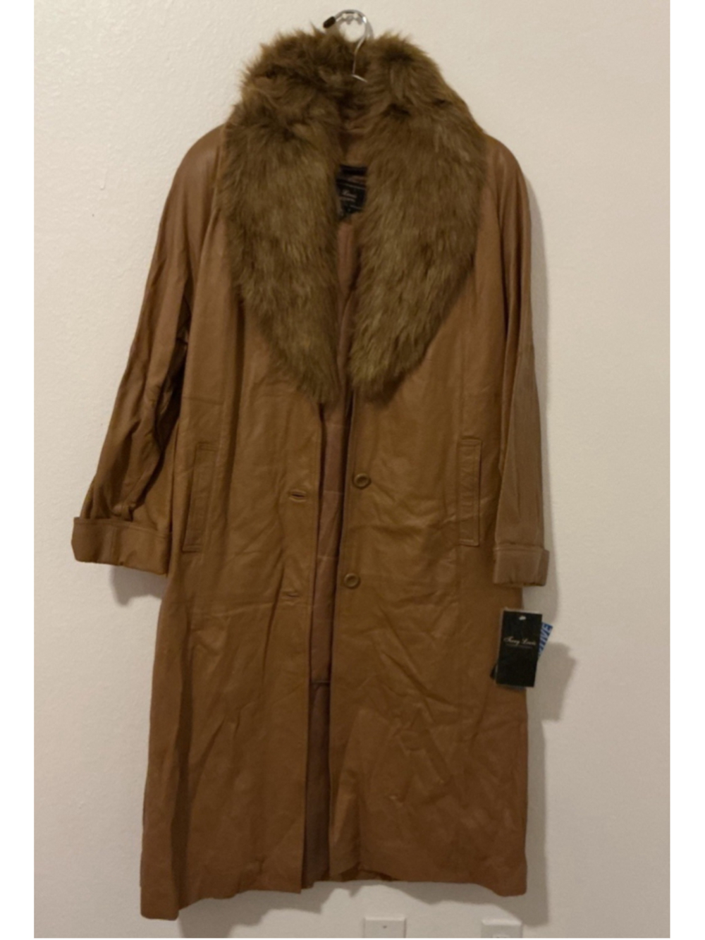 NWT Terry Lewis Leather Trench Coat 1X Camel Button Removable Fur Collar Liner.